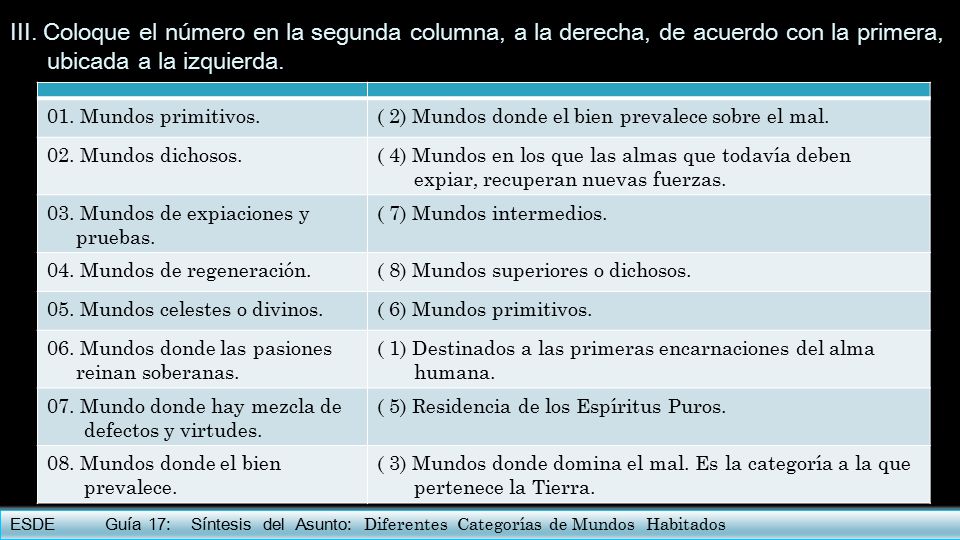 III. Coloque el número en la segunda columna, a la derecha, de acuerdo con la primera, ubicada a la izquierda.