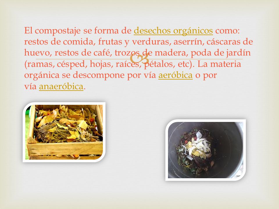 El compostaje se forma de desechos orgánicos como: restos de comida, frutas y verduras, aserrín, cáscaras de huevo, restos de café, trozos de madera, poda de jardín (ramas, césped, hojas, raíces, pétalos, etc).