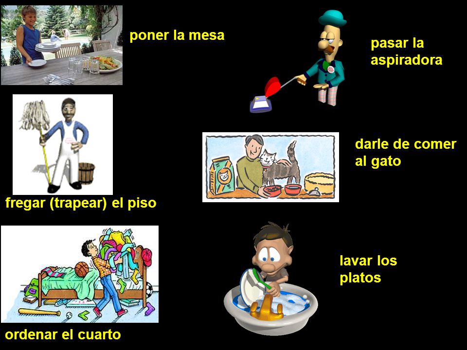 poner la mesa pasar la aspiradora. darle de comer al gato. fregar (trapear) el piso. lavar los platos.