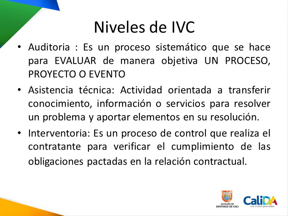 Niveles de IVC Auditoria : Es un proceso sistemático que se hace para EVALUAR de manera objetiva UN PROCESO, PROYECTO O EVENTO.