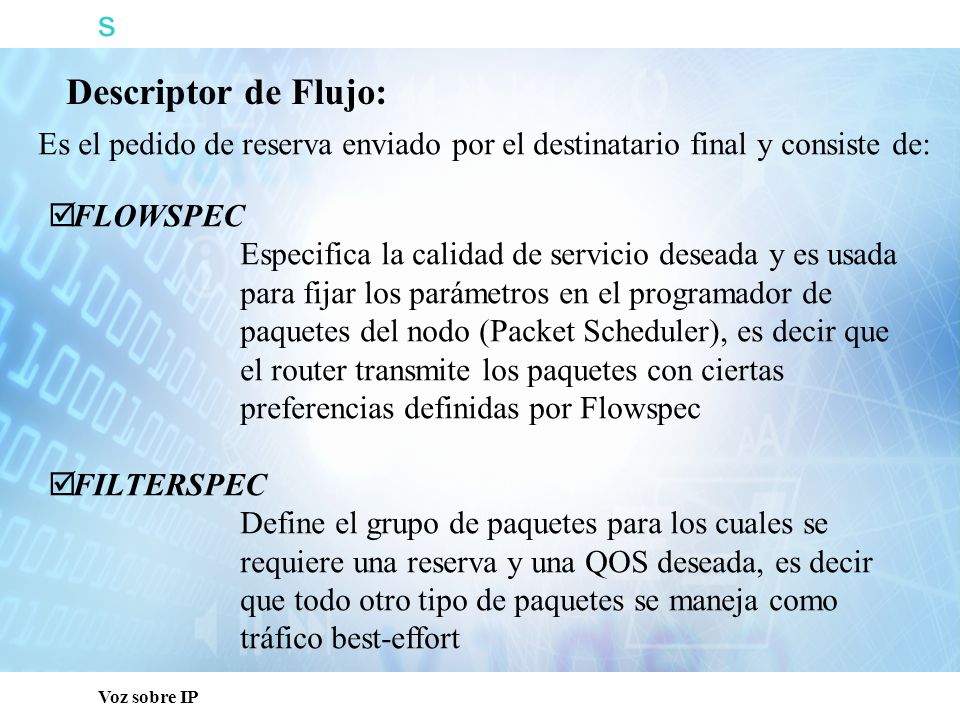 s Capacitación Técnica. Descriptor de Flujo: Es el pedido de reserva enviado por el destinatario final y consiste de: