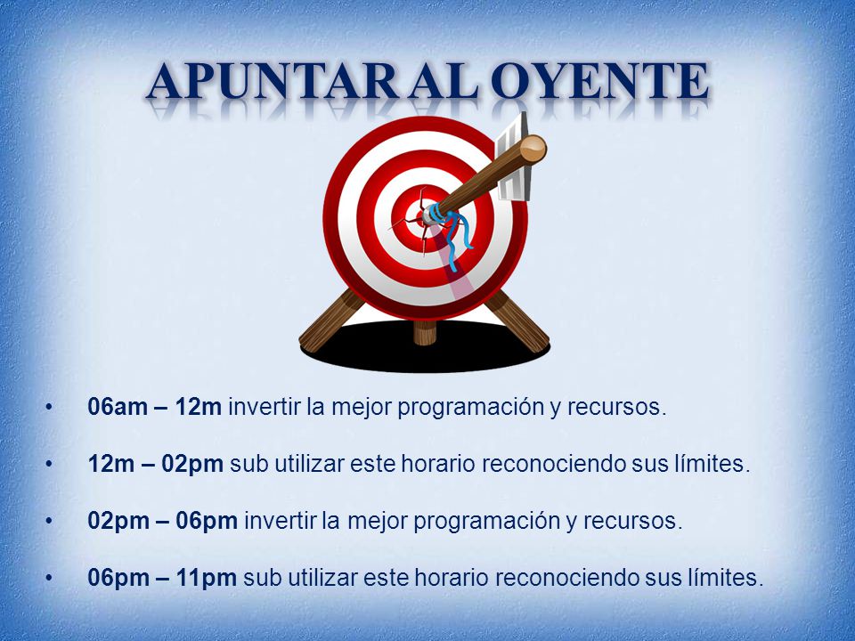 Apuntar al oyente 06am – 12m invertir la mejor programación y recursos. 12m – 02pm sub utilizar este horario reconociendo sus límites.