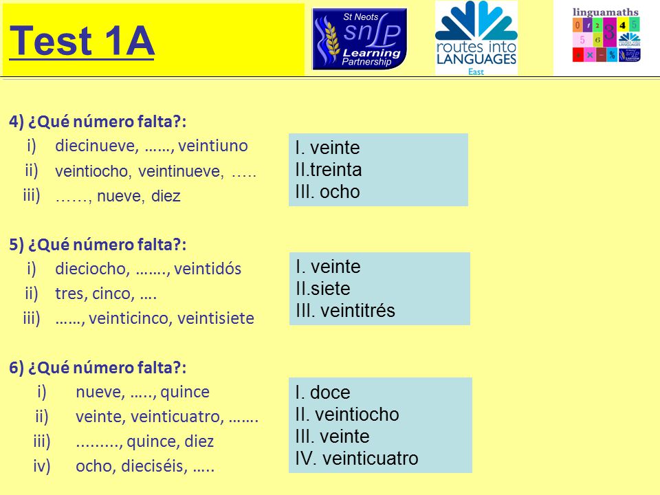 Test 1A 4) ¿Qué número falta : i) diecinueve, ……, veintiuno ii) iii)