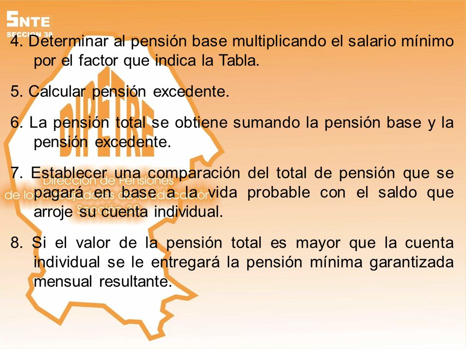4. Determinar al pensión base multiplicando el salario mínimo por el factor que indica la Tabla.