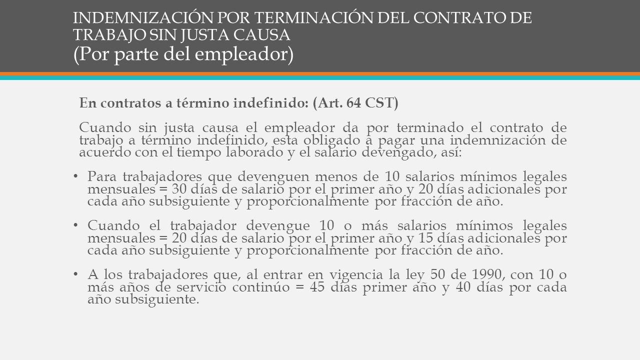 INDEMNIZACIÓN POR TERMINACIÓN DEL CONTRATO DE TRABAJO SIN JUSTA CAUSA (Por parte del empleador)