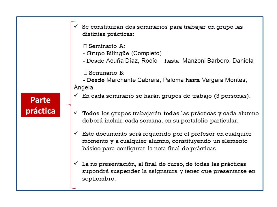 Se constituirán dos seminarios para trabajar en grupo las distintas prácticas: