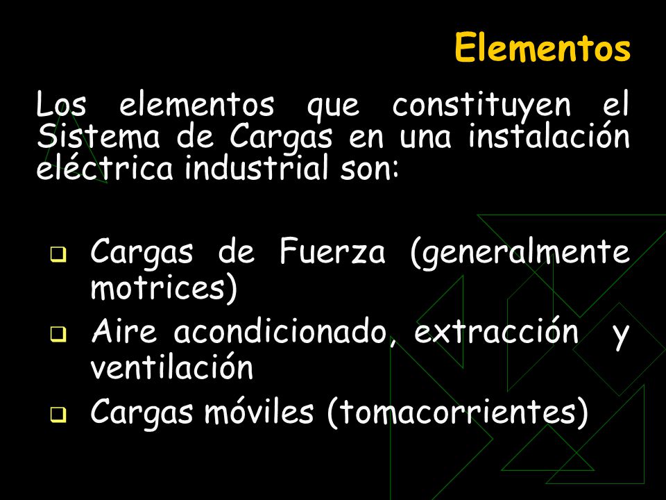 Elementos Los elementos que constituyen el Sistema de Cargas en una instalación eléctrica industrial son: