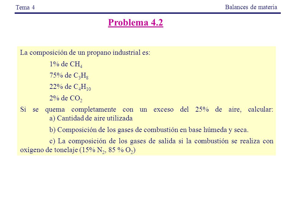 Problema 4.2 La composición de un propano industrial es: 1% de CH4