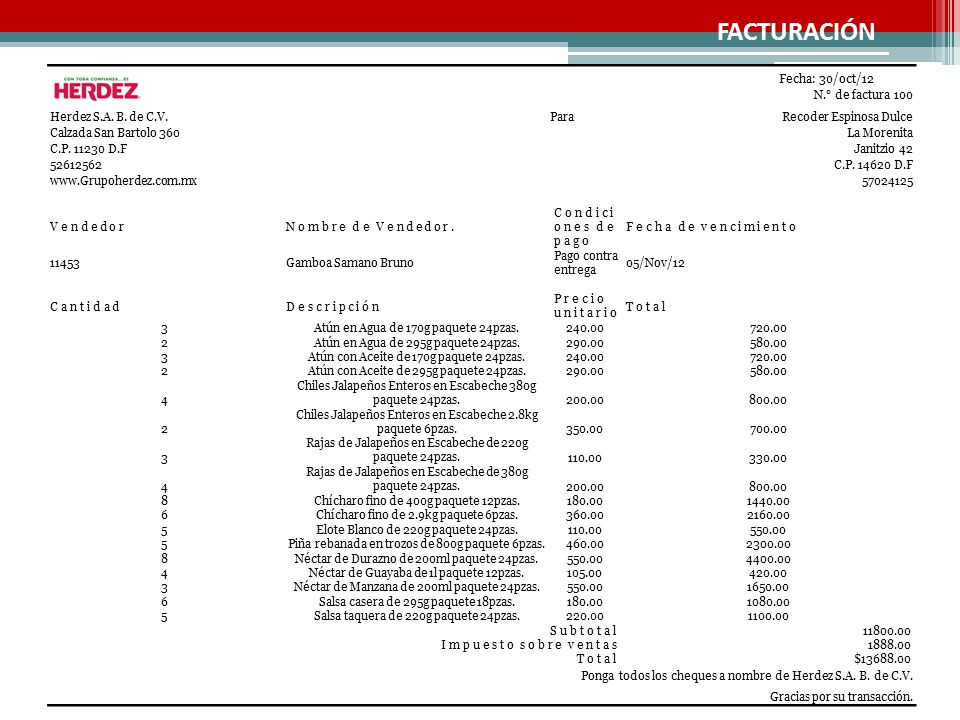 FACTURACIÓN Fecha: 30/oct/12 N.° de factura 100 Herdez S.A. B. de C.V.