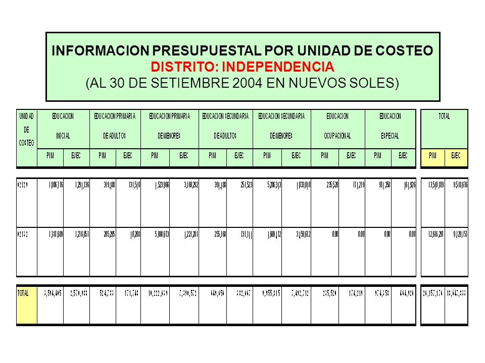 INFORMACION PRESUPUESTAL POR UNIDAD DE COSTEO DISTRITO: INDEPENDENCIA (AL 30 DE SETIEMBRE 2004 EN NUEVOS SOLES)