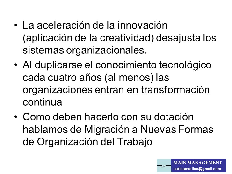 La aceleración de la innovación (aplicación de la creatividad) desajusta los sistemas organizacionales.