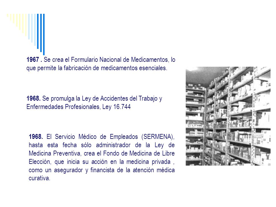 Se crea el Formulario Nacional de Medicamentos, lo que permite la fabricación de medicamentos esenciales.