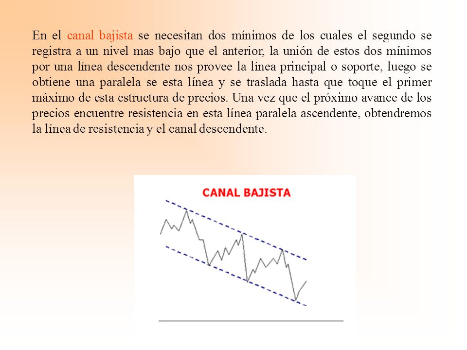 En el canal bajista se necesitan dos mínimos de los cuales el segundo se registra a un nivel mas bajo que el anterior, la unión de estos dos mínimos por una línea descendente nos provee la línea principal o soporte, luego se obtiene una paralela se esta línea y se traslada hasta que toque el primer máximo de esta estructura de precios.