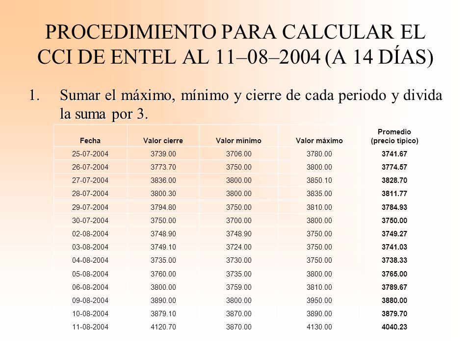 PROCEDIMIENTO PARA CALCULAR EL CCI DE ENTEL AL 11–08–2004 (A 14 DÍAS)
