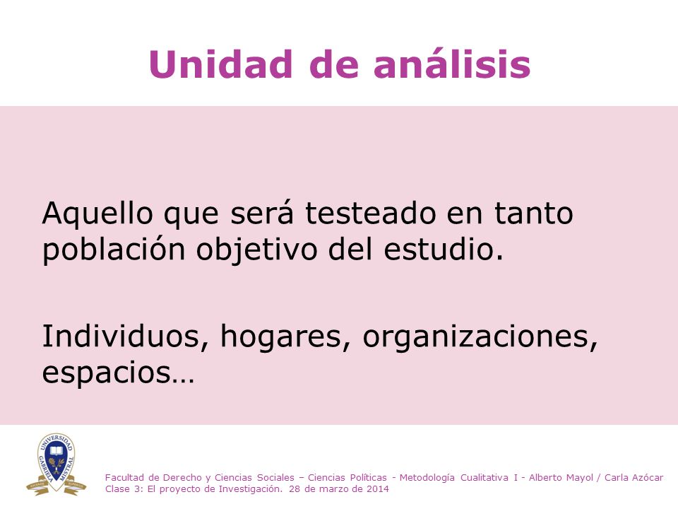 Unidad de análisis Aquello que será testeado en tanto población objetivo del estudio.