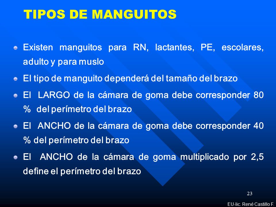 TIPOS DE MANGUITOS Existen manguitos para RN, lactantes, PE, escolares, adulto y para muslo. El tipo de manguito dependerá del tamaño del brazo.
