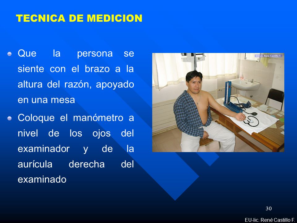 TECNICA DE MEDICION Que la persona se siente con el brazo a la altura del razón, apoyado en una mesa.