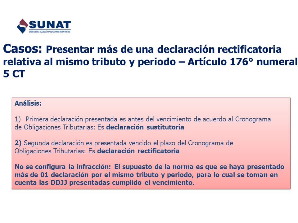 Casos: Presentar más de una declaración rectificatoria relativa al mismo tributo y periodo – Artículo 176° numeral 5 CT