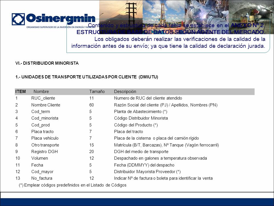 Contenido y estructura de cada tabla se establece en el ANEXO Nº 2.