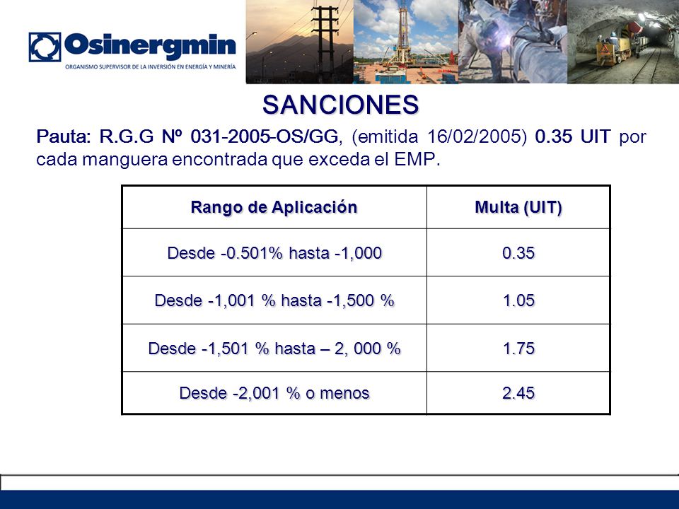 SANCIONES Pauta: R.G.G Nº OS/GG, (emitida 16/02/2005) 0.35 UIT por cada manguera encontrada que exceda el EMP.