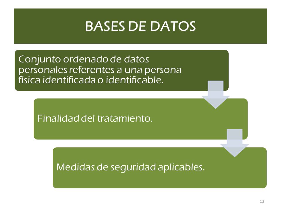 BASES DE DATOS Conjunto ordenado de datos personales referentes a una persona física identificada o identificable.
