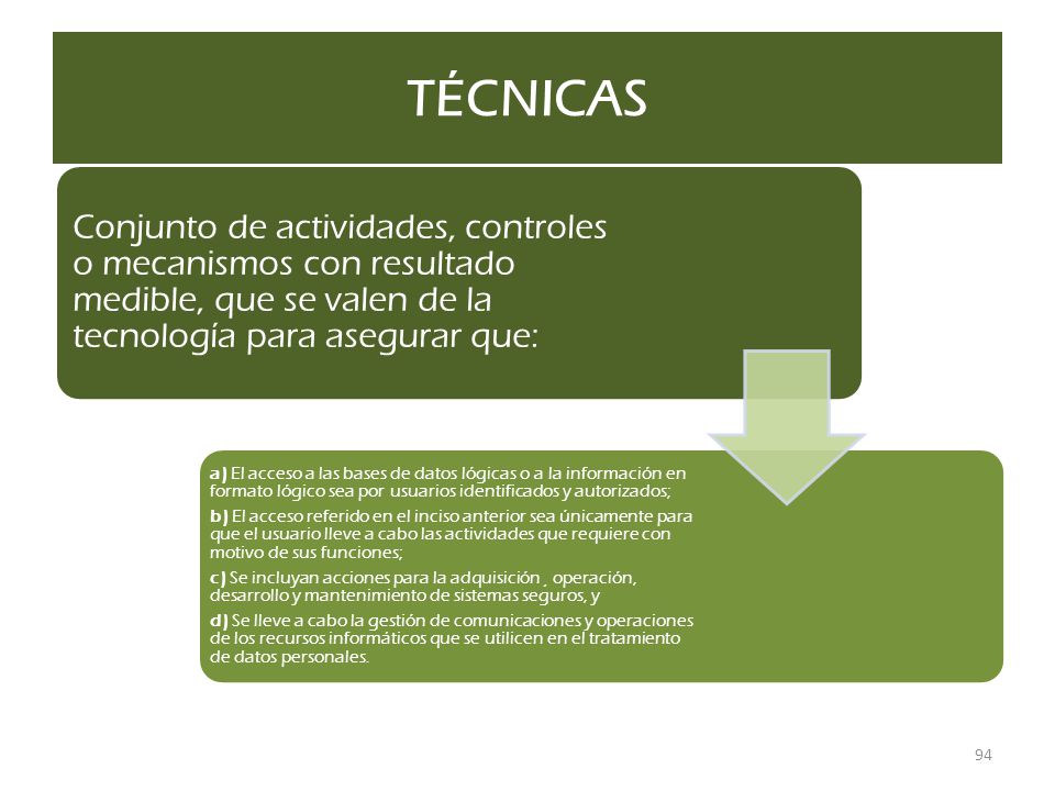 TÉCNICAS Conjunto de actividades, controles o mecanismos con resultado medible, que se valen de la tecnología para asegurar que: