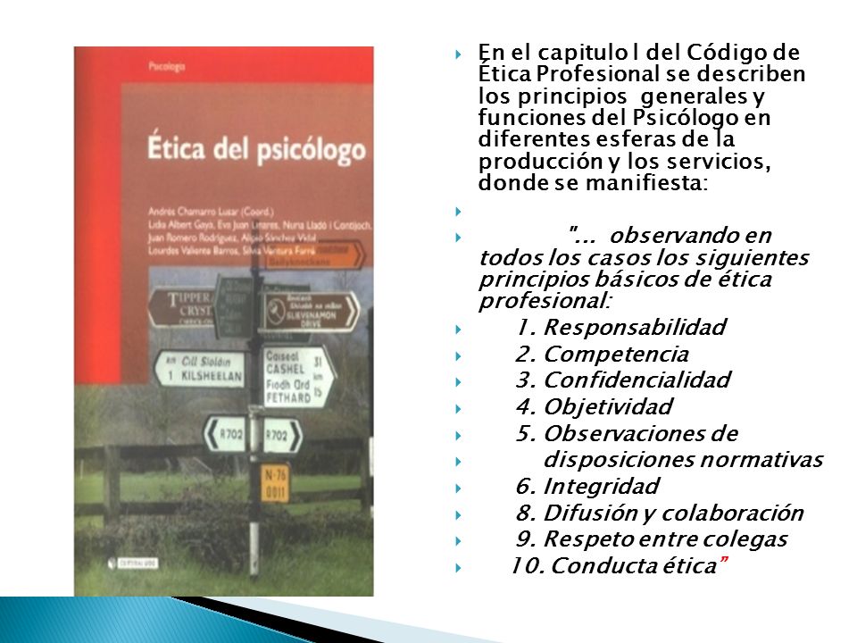 En el capitulo l del Código de Ética Profesional se describen los principios generales y funciones del Psicólogo en diferentes esferas de la producción y los servicios, donde se manifiesta: