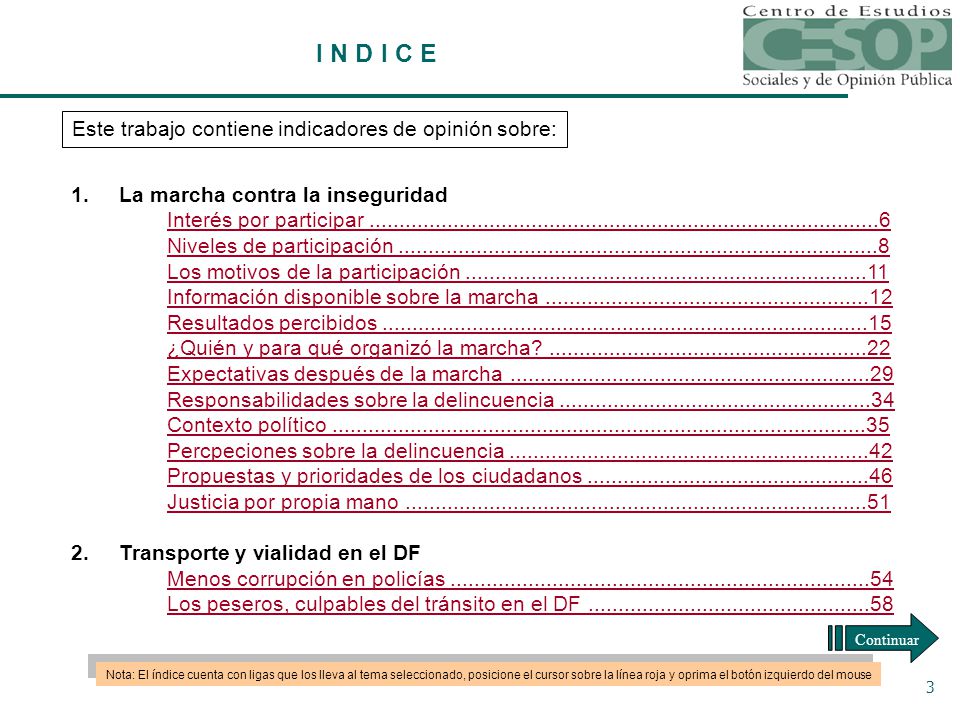 I N D I C E Este trabajo contiene indicadores de opinión sobre: