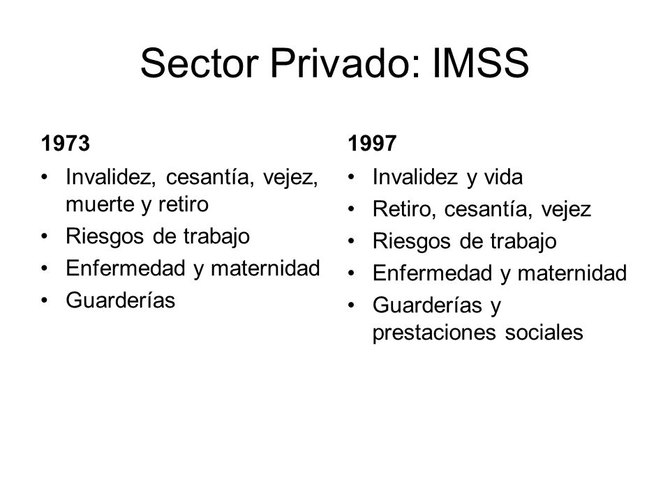 Sector Privado: IMSS Invalidez, cesantía, vejez, muerte y retiro. Riesgos de trabajo.