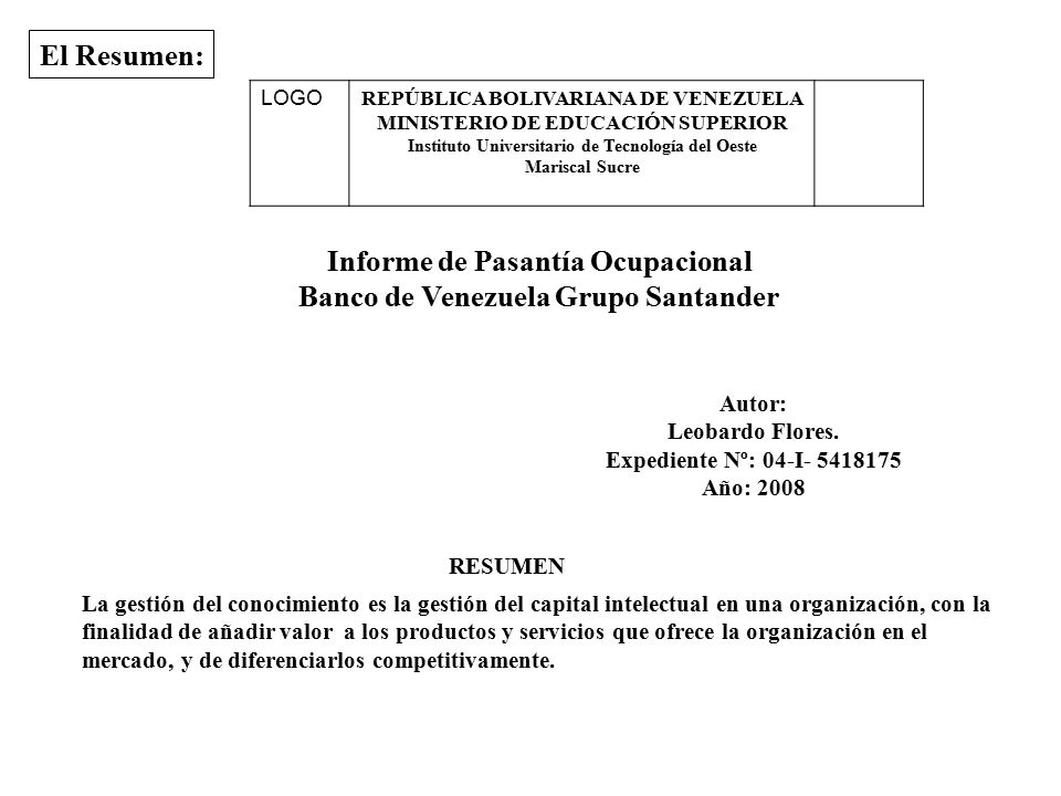 Informe de Pasantía Ocupacional Banco de Venezuela Grupo Santander
