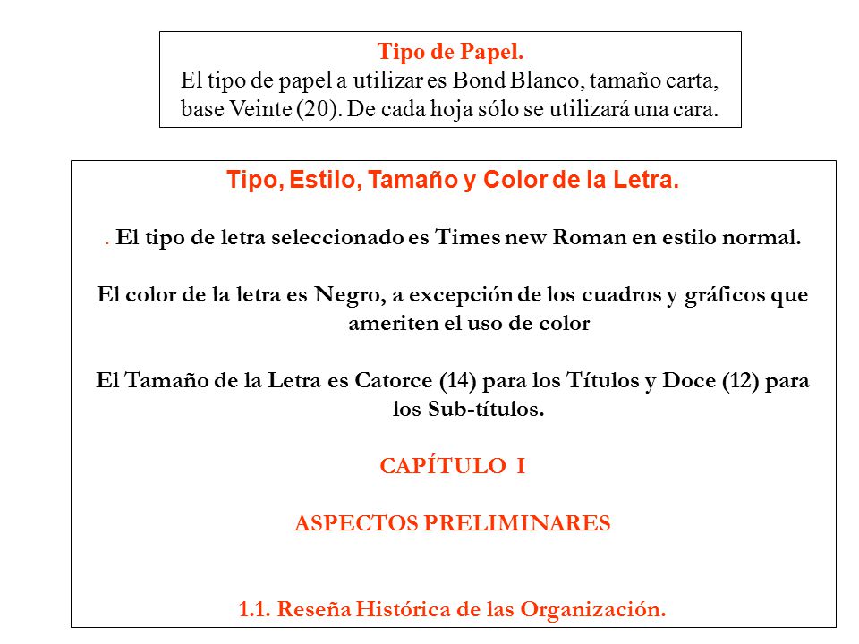 Tipo, Estilo, Tamaño y Color de la Letra.