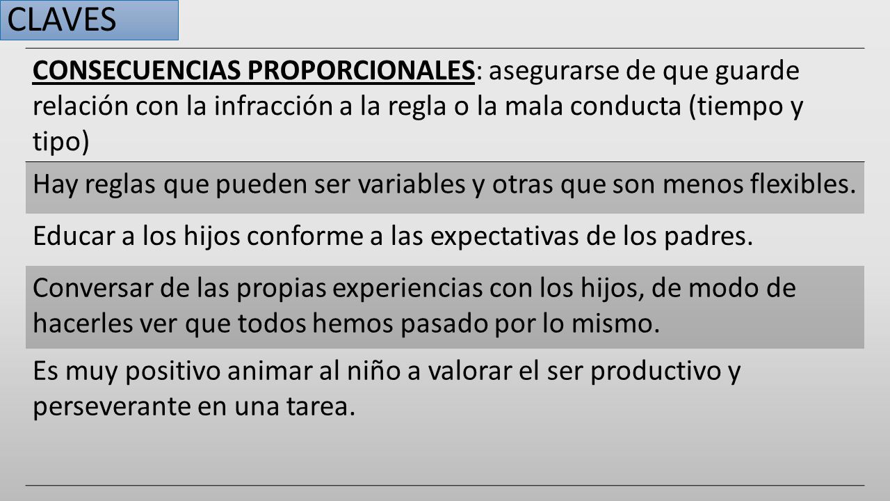 CLAVES CONSECUENCIAS PROPORCIONALES: asegurarse de que guarde relación con la infracción a la regla o la mala conducta (tiempo y tipo)