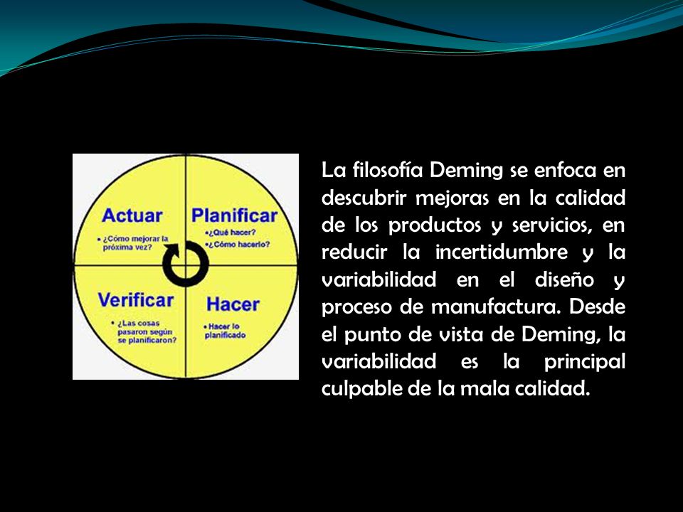 La filosofía Deming se enfoca en descubrir mejoras en la calidad de los productos y servicios, en reducir la incertidumbre y la variabilidad en el diseño y proceso de manufactura.