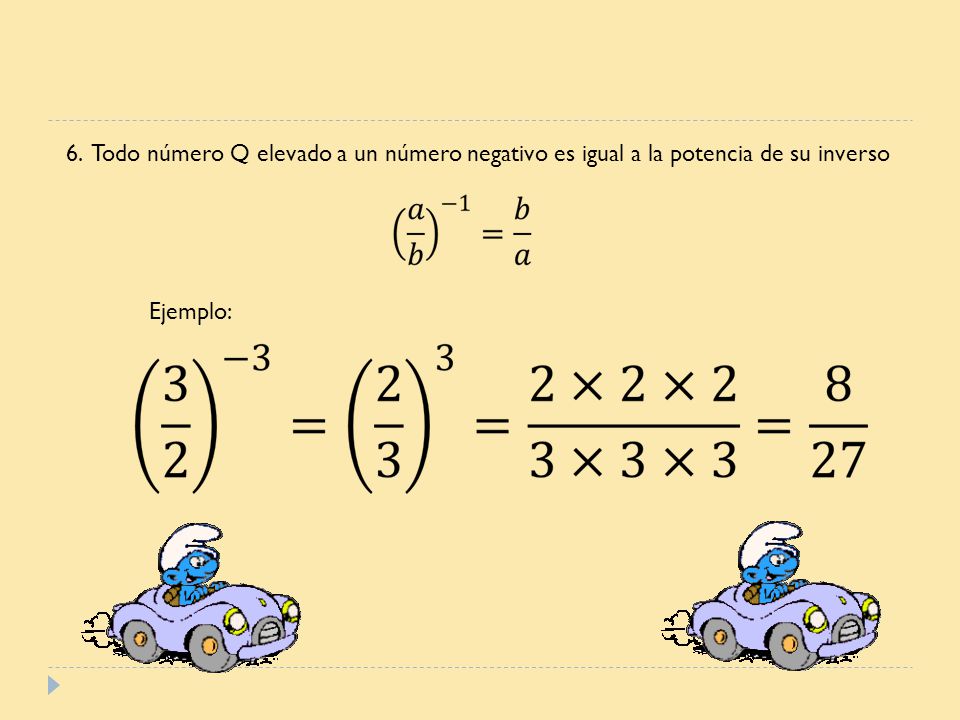 6. Todo número Q elevado a un número negativo es igual a la potencia de su inverso