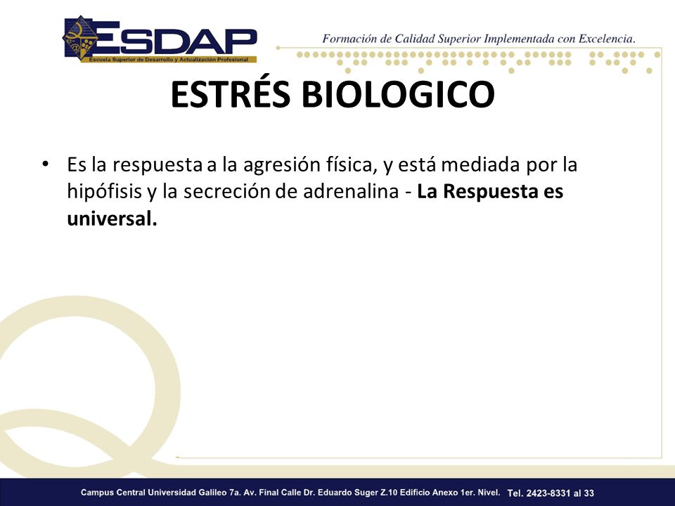 ESTRÉS BIOLOGICO Es la respuesta a la agresión física, y está mediada por la hipófisis y la secreción de adrenalina - La Respuesta es universal.