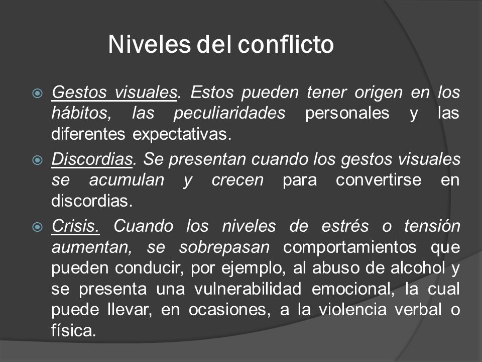 Niveles del conflicto Gestos visuales. Estos pueden tener origen en los hábitos, las peculiaridades personales y las diferentes expectativas.
