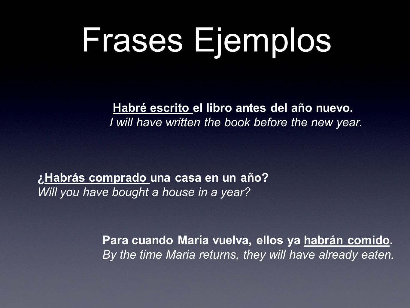 Frases Ejemplos Habré escrito el libro antes del año nuevo. I will have written the book before the new year.