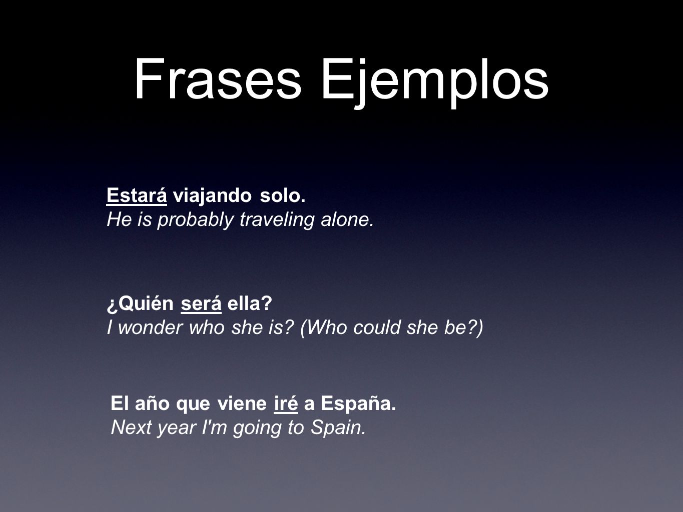 Frases Ejemplos Estará viajando solo. He is probably traveling alone.