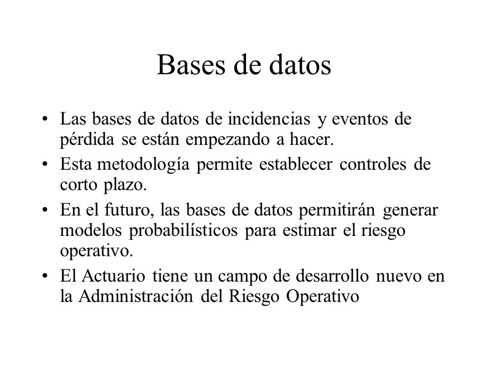 Bases de datos Las bases de datos de incidencias y eventos de pérdida se están empezando a hacer.