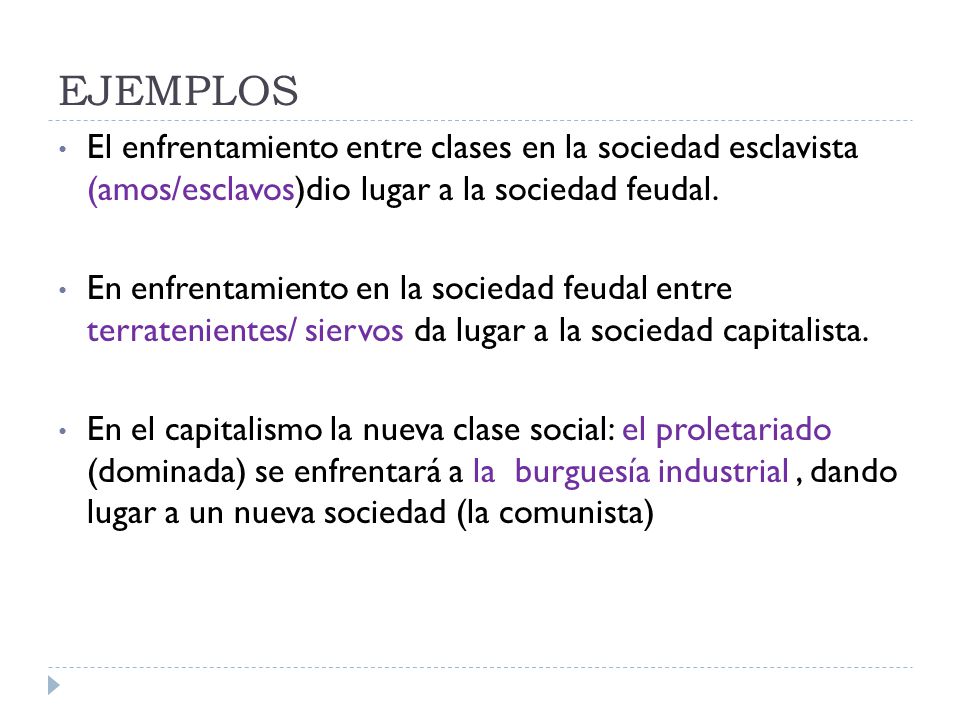 EJEMPLOS El enfrentamiento entre clases en la sociedad esclavista (amos/esclavos)dio lugar a la sociedad feudal.
