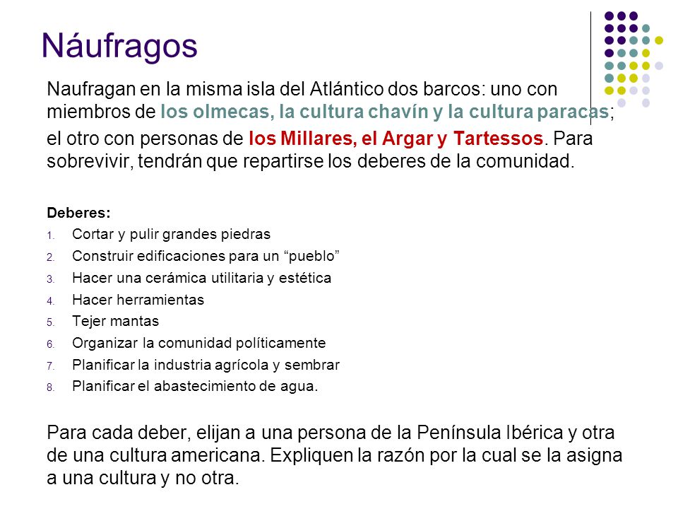 Náufragos Naufragan en la misma isla del Atlántico dos barcos: uno con miembros de los olmecas, la cultura chavín y la cultura paracas;