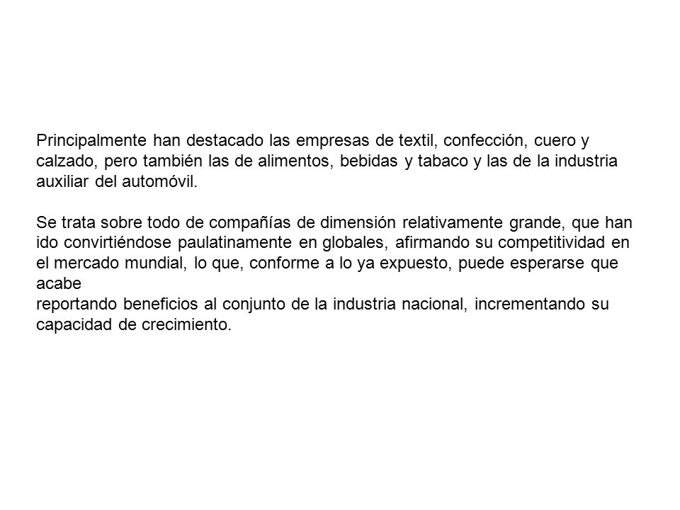 Principalmente han destacado las empresas de textil, confección, cuero y calzado, pero también las de alimentos, bebidas y tabaco y las de la industria auxiliar del automóvil.