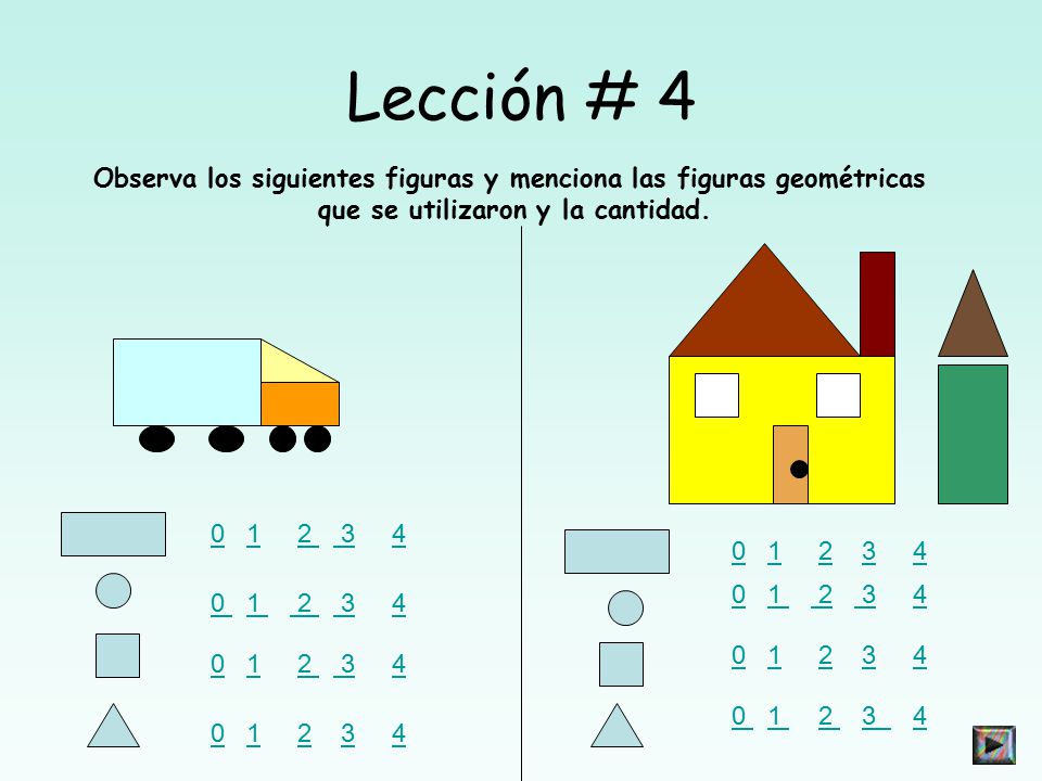Lección # 4 Observa los siguientes figuras y menciona las figuras geométricas. que se utilizaron y la cantidad.