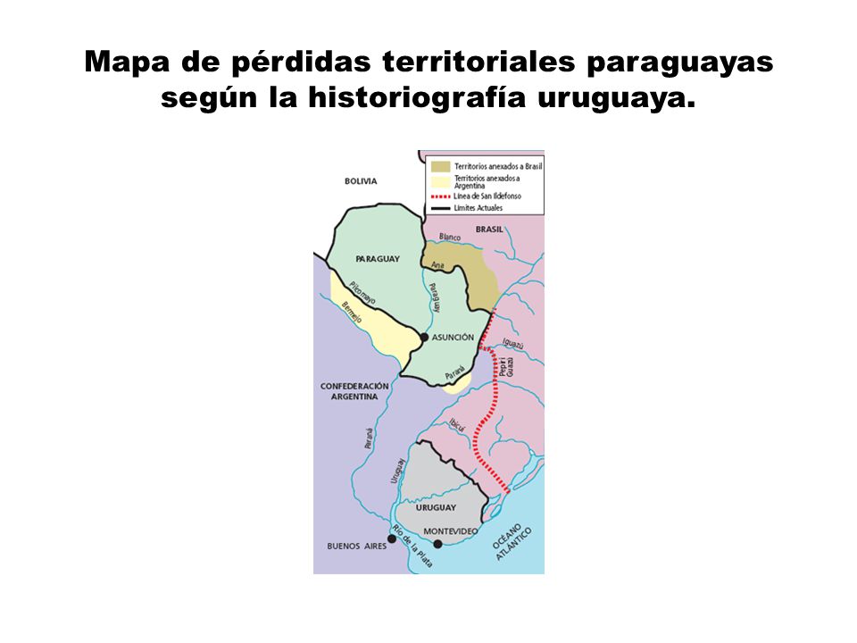 Mapa de pérdidas territoriales paraguayas según la historiografía uruguaya.
