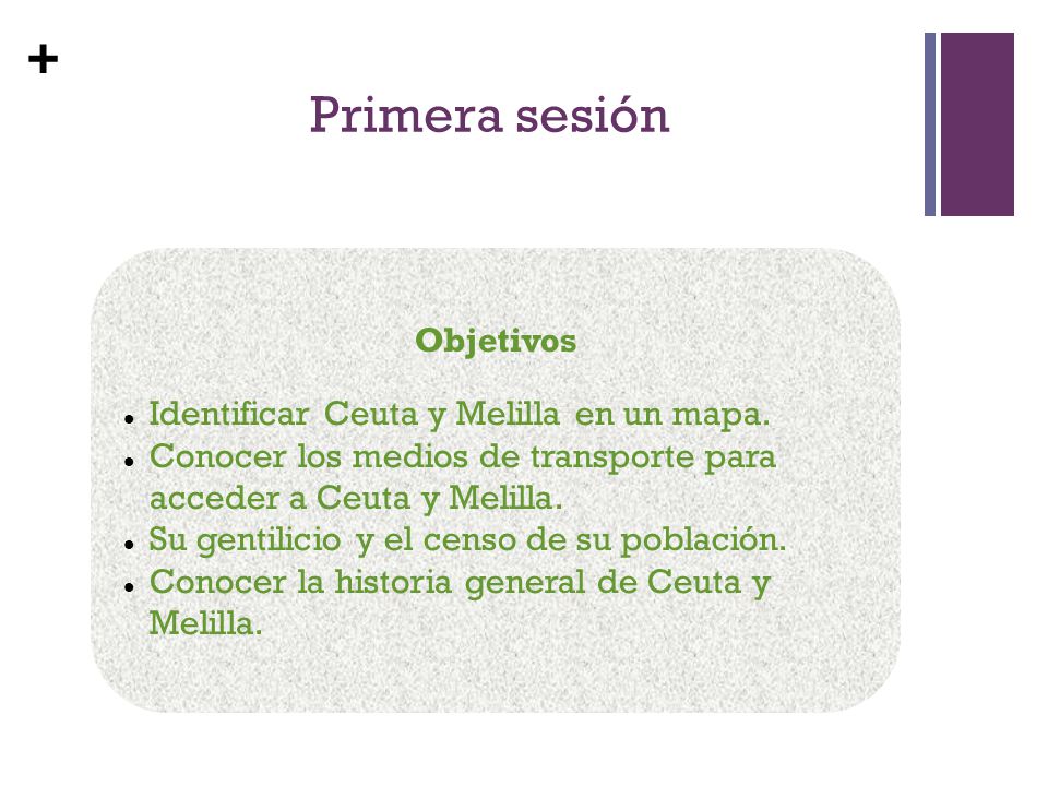 Primera sesión Objetivos Identificar Ceuta y Melilla en un mapa.