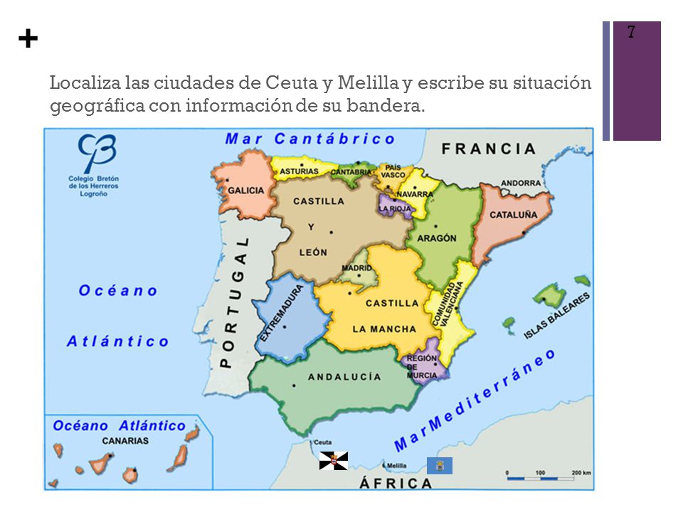7 Localiza las ciudades de Ceuta y Melilla y escribe su situación geográfica con información de su bandera.