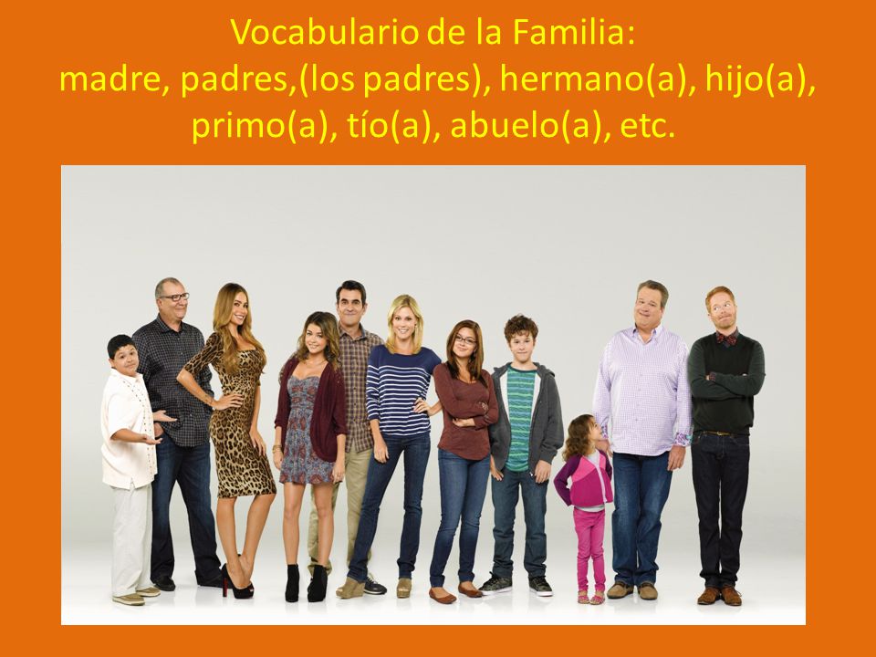Vocabulario de la Familia: madre, padres,(los padres), hermano(a), hijo(a), primo(a), tío(a), abuelo(a), etc.