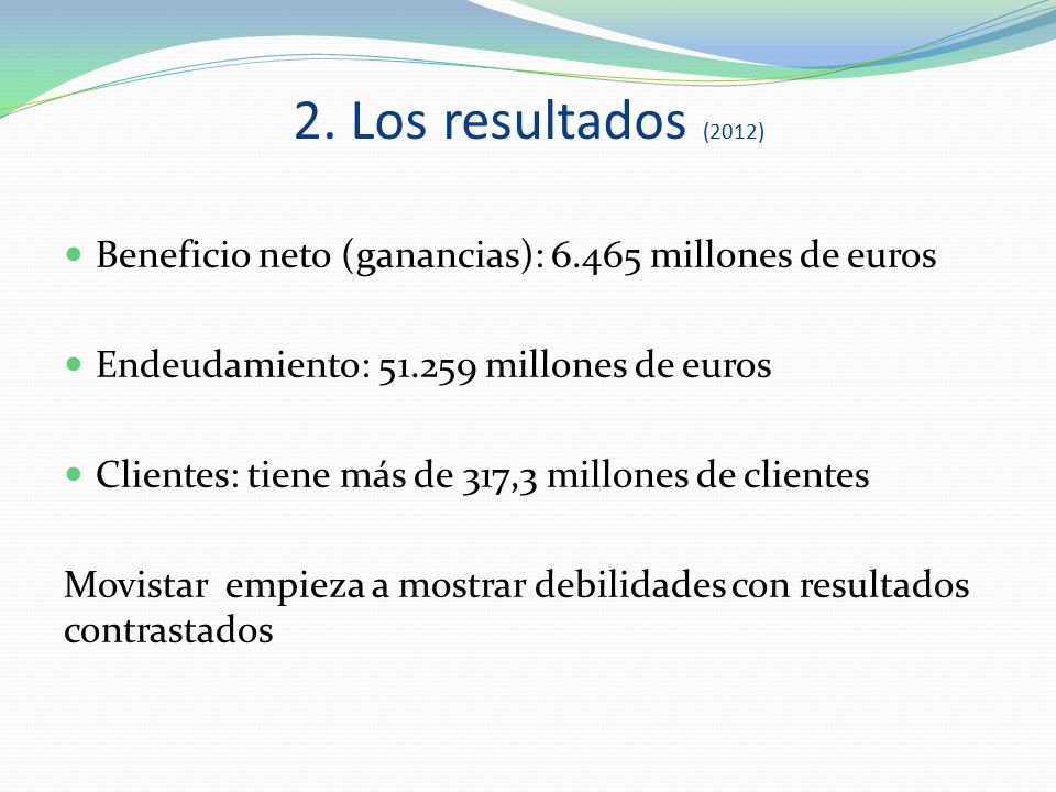 2. Los resultados (2012) Beneficio neto (ganancias): millones de euros. Endeudamiento: millones de euros.