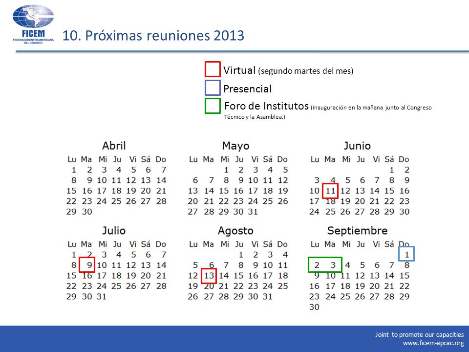 10. Próximas reuniones 2013 Virtual (segundo martes del mes) Presencial.