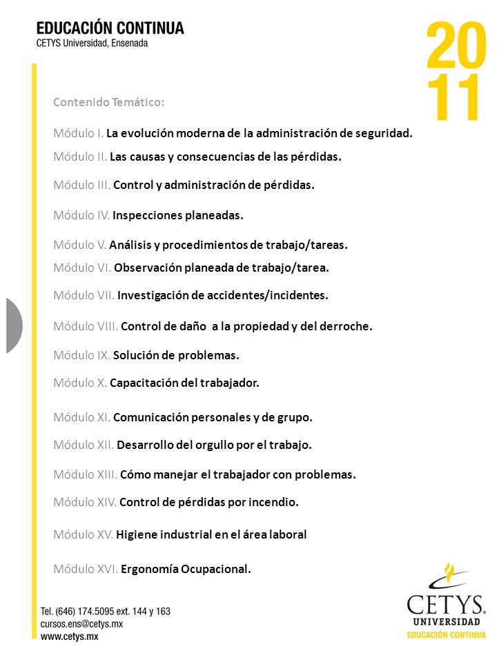 Contenido Temático: Módulo I. La evolución moderna de la administración de seguridad. Módulo II. Las causas y consecuencias de las pérdidas.